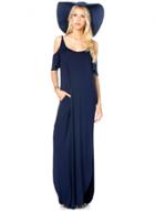 Oasap Navy Cold Shoulder Pleated Maxi Dress