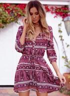 Oasap Deep V Colorful Mini Dress With Drawstring