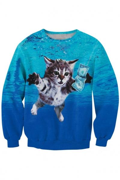 Oasap Blue Swimming Cat Pattern Sweatshirt