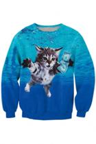 Oasap Blue Swimming Cat Pattern Sweatshirt