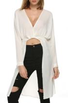 Oasap Deep V High Low Long Sleeve Belted Blouse