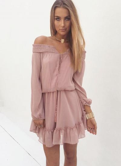 Oasap Off Shoulder V Neck Ruffle Chiffon Dress