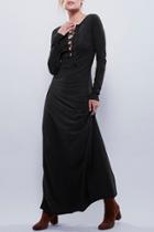 Oasap Vintage Black Lace-up Front Long Sleeve Maxi Dress
