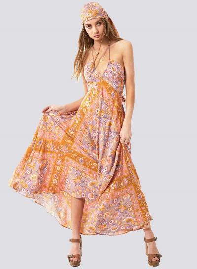Oasap Boho Floral Printed Halterneck Backless Maxi Dress