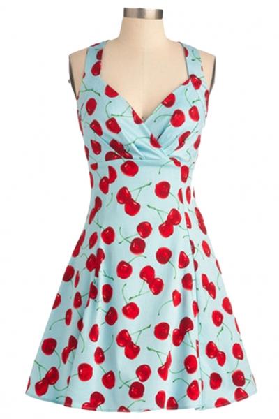 Oasap Vintage Cherry Pattern Sleeveless Deep V Dress