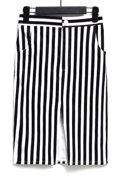 Oasap Striped Front Slit Pencil Skirt