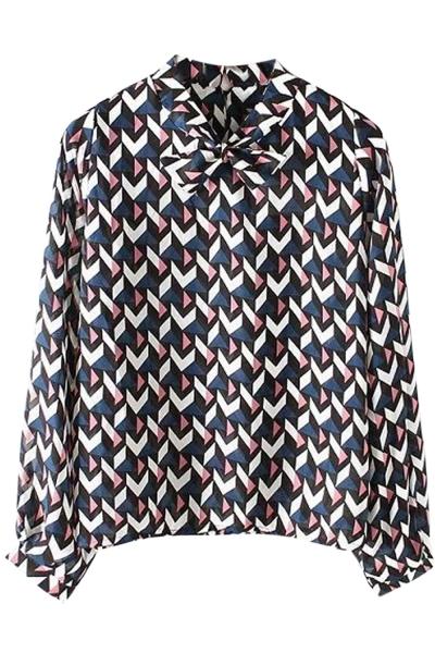 Oasap Chic Geometric Print Loose Fit Bow Decor Blouse