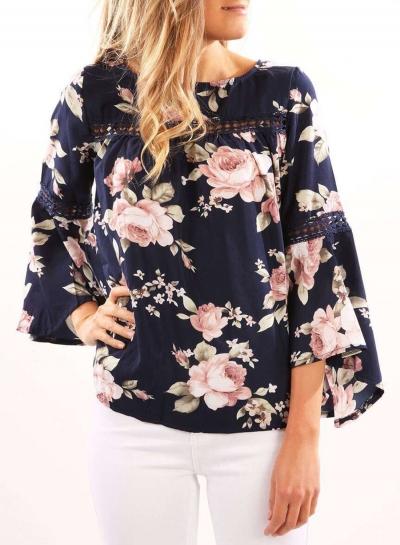 Oasap Round Neck Flare Sleeve Hollow Out Floral Print Tee Shirt