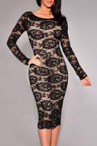 Oasap Black Floral Lace Nude Illusion Long Sleeves Midi Dress