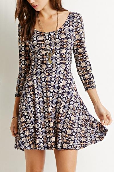 Oasap Stylish Three Quarter Sleeve Printed Backless Dress