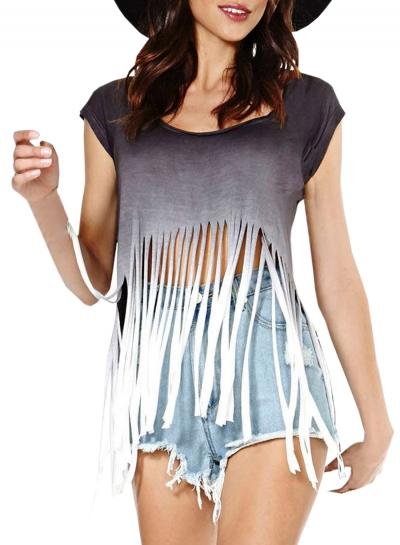 Oasap Women's Gradient Ramp Round Neck Tasseled Tee