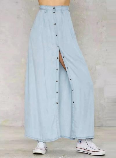 Oasap High Waist Single Breasted Denim Maxi A-line Skirt