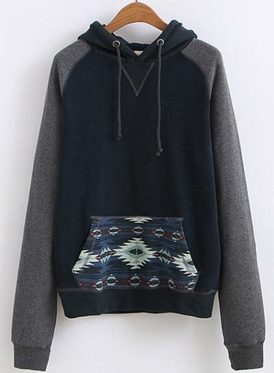 Oasap Fashion Long Sleeve Color Block Fleece Hoodie