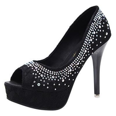 Oasap Peep Toe High Heels Rhinestone Lace Pumps