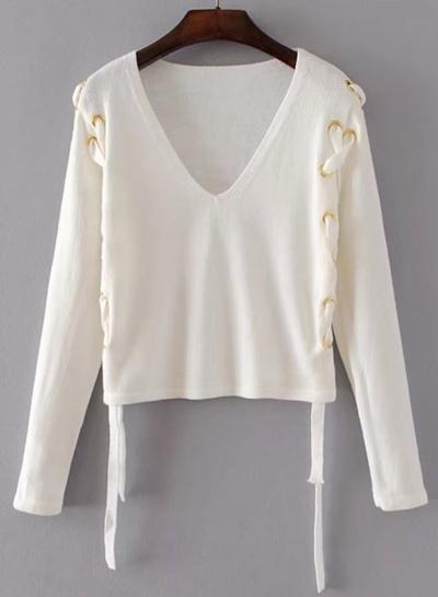 Oasap V Neck Lace Up Solid Color Sweaters