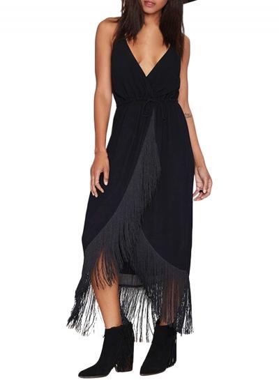 Oasap Women's Black Spaghetti Strap Deep V-neck Fringed Dress