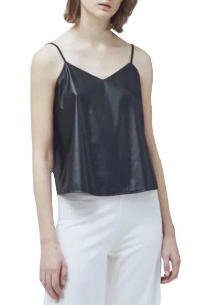 Oasap Women's Black Spaghetti Strap V Neck Pu Leather Tank Top