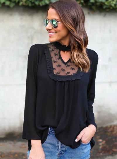 Oasap Solid Long Sleeve Lace Chiffon Blouse