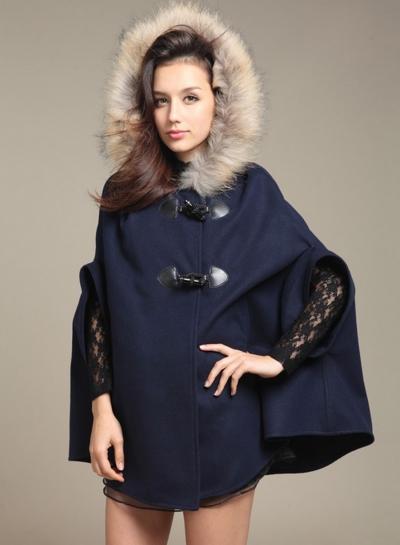 Oasap Sleeveless Button Fur Hood Back Bow Cape Coat