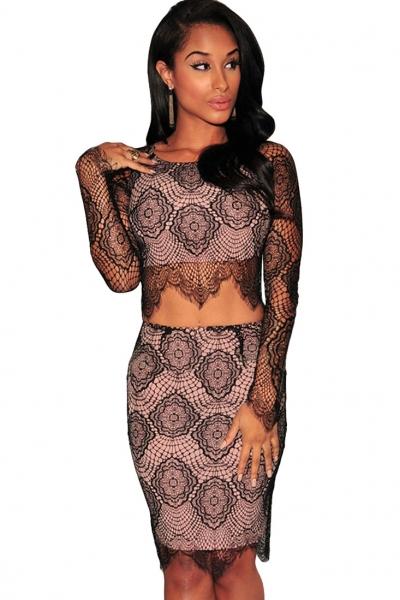 Oasap Black Nude Illusion Delicate Lace Skirt Set