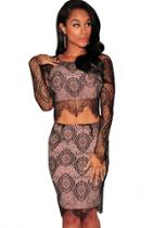Oasap Black Nude Illusion Delicate Lace Skirt Set