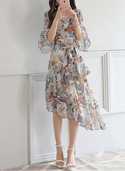 Oasap V Neck Floral Print Ruffles Irregular Dress