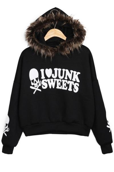 Oasap Skull Cropped Fleece Hoodie