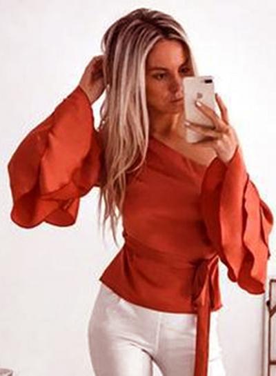 Oasap Solid Color Off Shoulder Flare Sleeve Blouse