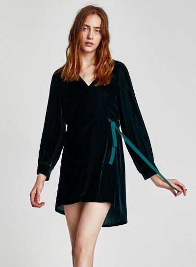 Oasap Wrap V Neck Long Sleeve Hooded Velvet Mini Dress