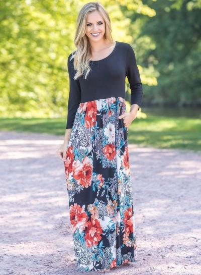 Oasap Round Neck Floral Printed Splicing Maxi Dress