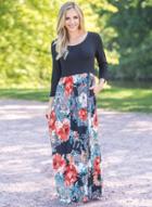 Oasap Round Neck Floral Printed Splicing Maxi Dress