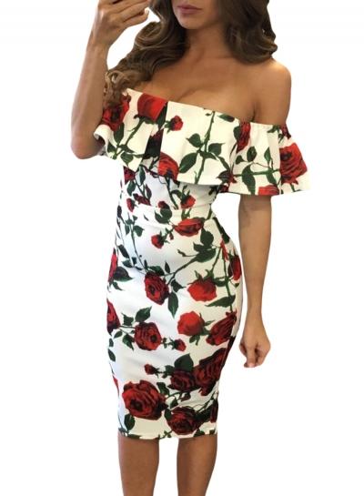 Oasap Red Rose Print Frilled Off Shoulder Boho Dress