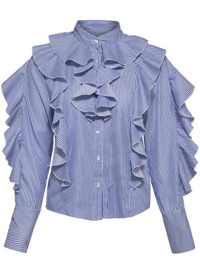 Oasap Fashion Stripe Ruffle Button Down Shirt