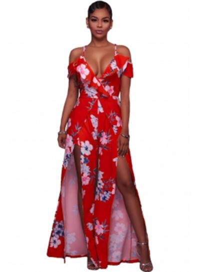 Oasap Floral Warp And Split Long Romper Dress