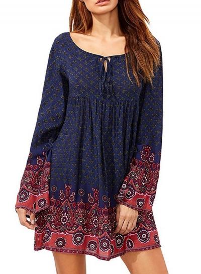 Oasap Scoop Neck Long Sleeve Pattern Print Lace Up Dress