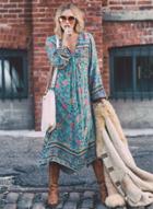 Oasap V Neck Long Sleeve Floral Loose Midi Dress