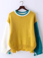 Oasap Fashion Color Block Ripped Sweater With Pompon