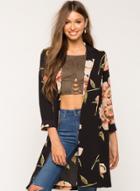 Oasap Turn-down Collar 3/4 Sleeve Floral Print Open Front Trench Coat