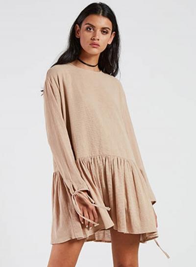 Oasap Solid Long Sleeve Loose Mini Pleated Dress