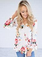 Oasap V Neck Long Sleeve Floral Printed Pullover Tee Shirt