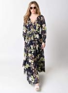 Oasap Floral V Neck Long Sleeve High Waist Maxi Dress