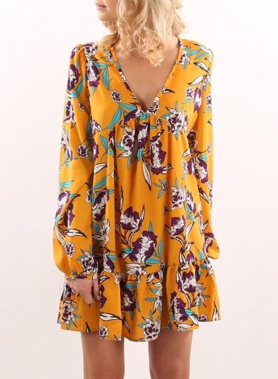 Oasap V Neck Long Sleeve Floral Loose Pullover Dress