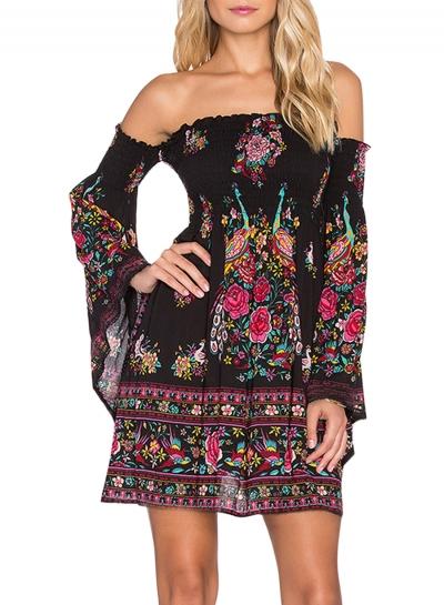 Oasap Women's Casual Off Shoulder Flare Sleeve Floral Print Mini Dress