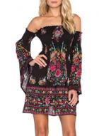 Oasap Women's Casual Off Shoulder Flare Sleeve Floral Print Mini Dress