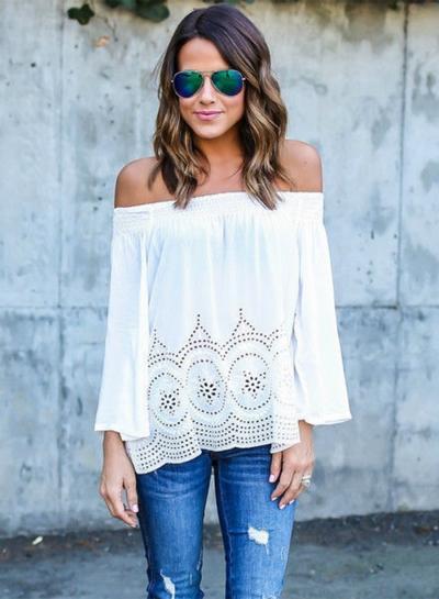 Oasap Off Shoulder Long Sleeve Loose Chiffon Blouse