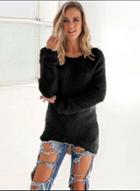 Oasap Solid Long Sleeve High Low Knit Sweater