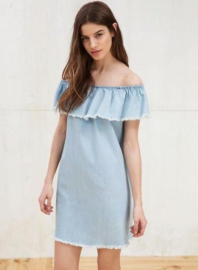 Oasap Slash Neck Flounce Hem Denim Dresses