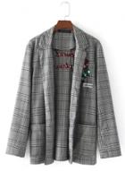 Oasap Turn Down Collar Plaid Folral Embroidery Coats