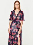 Oasap Floral V Neck Short Sleeve High Waist Split Maxi Dress