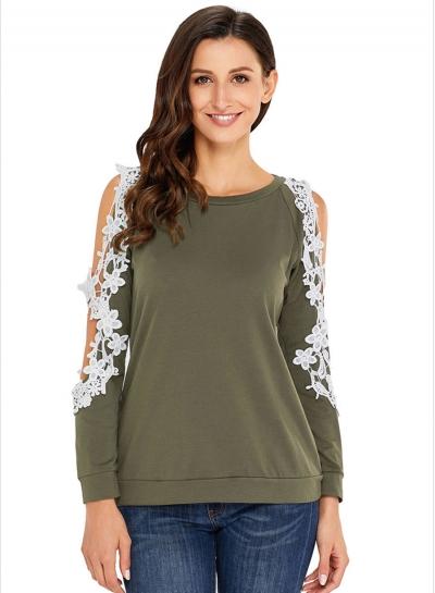 Oasap Round Neck Lace Panel Off Shoulder Tee Shirt